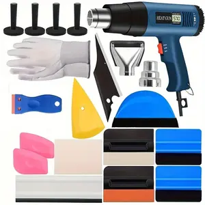 Window Tint Tool Kit Vinyl Wrap Installation Tool With Heat Gun For Car Wrapping Window Tint Film Applicator With Felt Tint Squeegee, Razor Scraper, Vinyl Magnet Holder, Working Glove, Without Battery