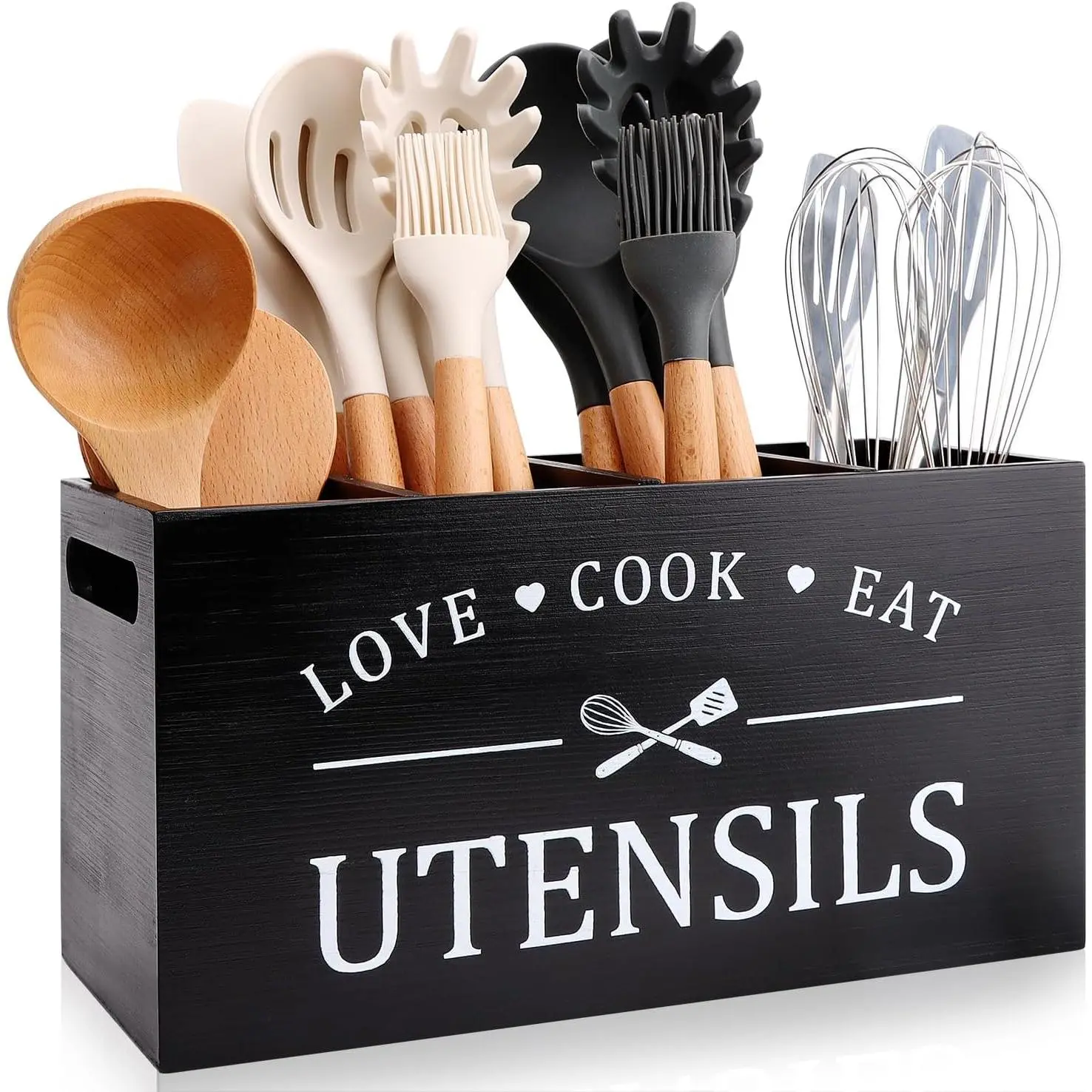 Black Rustic Farmhouse Kitchen Utensil Holder, Countertop Kitchen Storage Organizer, Decorative Crock for Cooking Tools & Spatulas