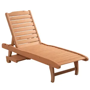 Outsunny Chaise Lounge Chair Outdoor Wooden Pool Lounge Chair with 3-level Adjustable Backrest, Built-In Table and Rolling Wheels, Sun Tanning Chair for Beach Poolside Sunbathing, Brown Red