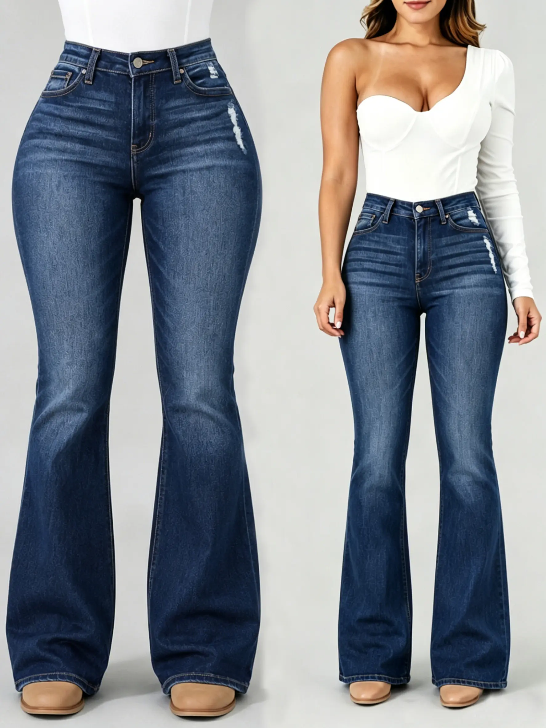 Bell Bottom Jeans for Women Ripped High Waisted Classic Flared Denim Pants Slim Bootcut