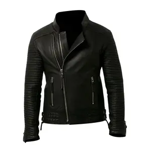 Men's Leather Biker Jacket, Zipper Closure, Banded Collar by Hide Crafts