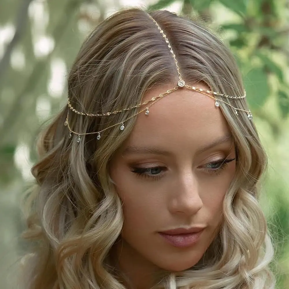 Rhinestone Head Chain Gold Bride Headpiece Wedding Headbands Chain Layered Festival Prom Hair Accessories for Women And Girls (Gold)