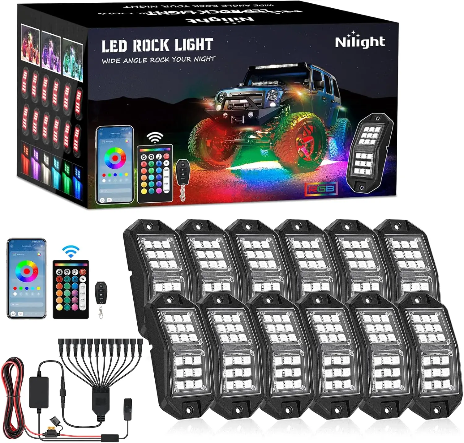 Nilight 12-PCS 18LED RGB Rock Lights Kit - 16M Colors, Wide Angle Beam, Waterproof Underglow Neon Pods, Remote & Bluetooth App Control, Aluminum Base, Music Sync, Easy Install RGB Atmosphere LED Lights for ATV, Offroad Truck