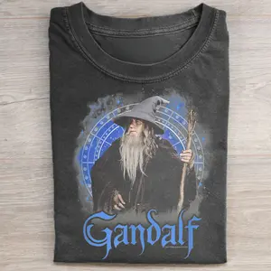 Gildan Men's Fitted Crew Neck Shortsleeve Tee - Vintage Gandalf Grey Pilgrim Logo Graphic, The Lord of The Rings LOTR Middle Earth Menswear Casual Streetwear Top for Book Lovers