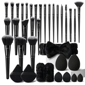 Black Makeup Brushes Set 36Pcs, Professional Makeup Tool Set Includes 25Pcs Black Multi-functional Brushes & Makeup Puffs & Makeup Sponges & Hairband & Wristbands, Foundation Make up Brushes Kit with Makeup Accessories for Women and Girls