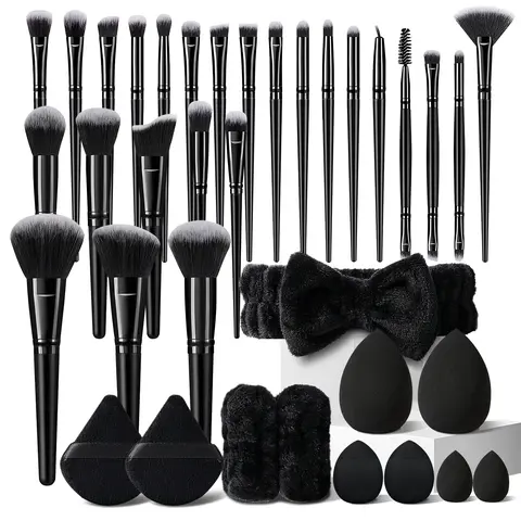Women's 36Pcs Black Professional Cosmetic Makeup Brush Set - Portable Makeup Tools Set with 25Pcs Multi-functional Brushes, Blending Sponge, Mini Powder Puff, Puff, Beauty Sponge, Hairband, Wristbands