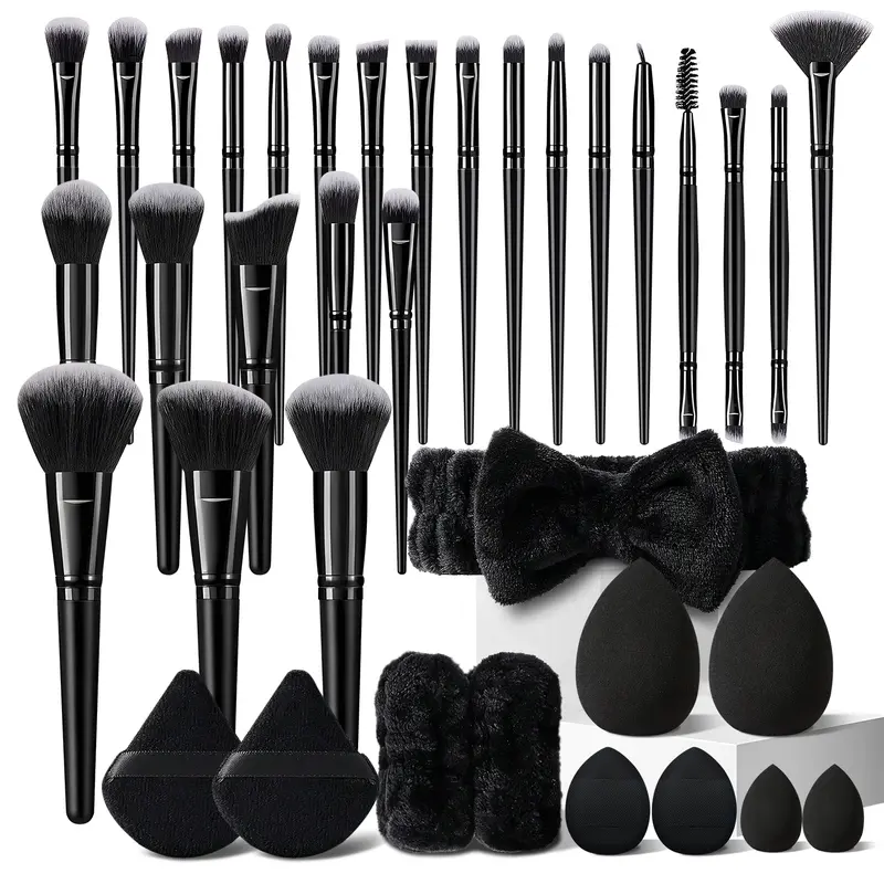 Women's 36Pcs Black Professional Cosmetic Makeup Brush Set - Portable Makeup Tools Set with 25Pcs Multi-functional Brushes, Blending Sponge, Mini Powder Puff, Puff, Beauty Sponge, Hairband, Wristbands