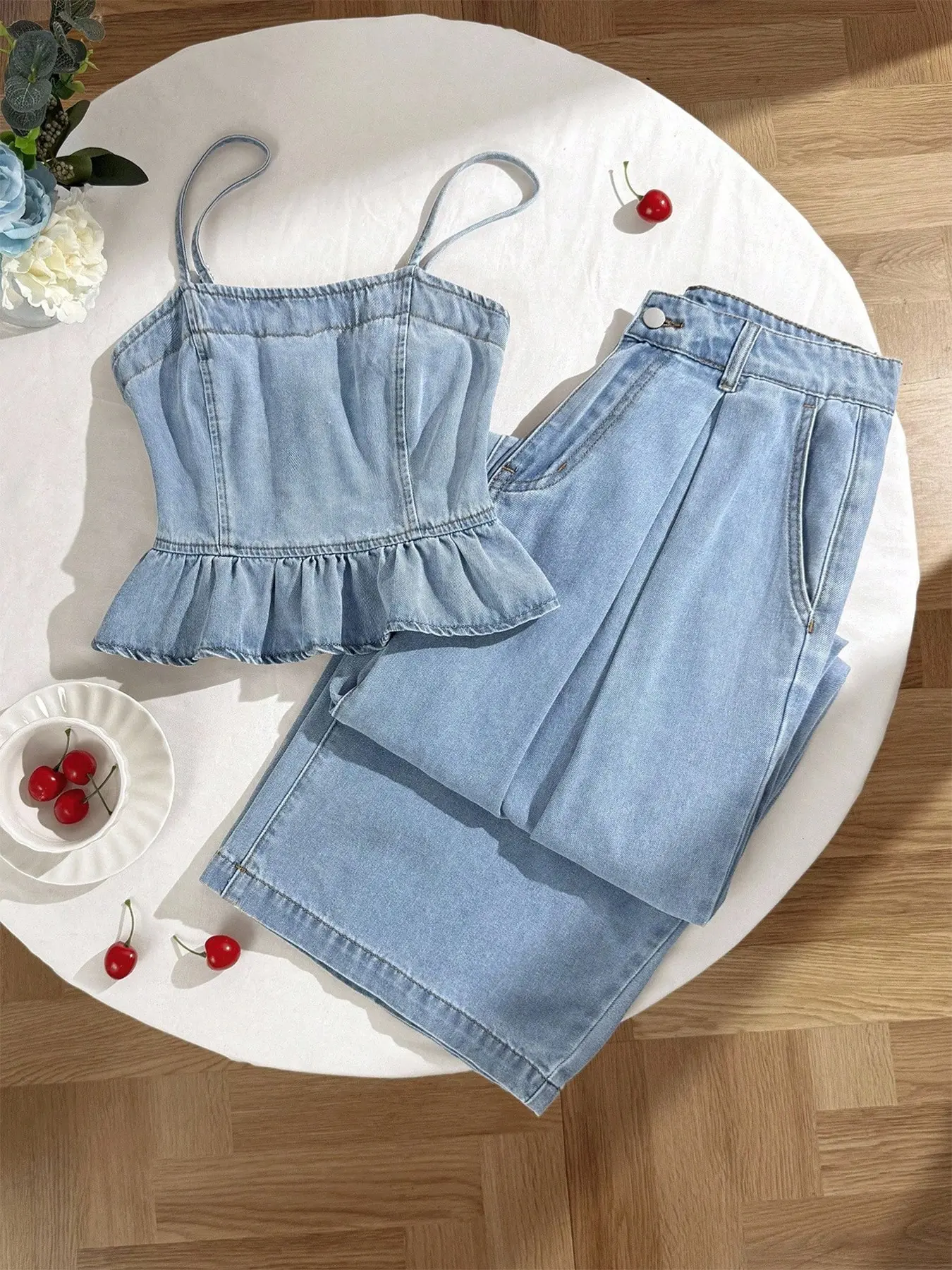 2026 New Retro Cowgirl Denim Set for Women, Casual Summer Strapless Sleeveless Camisole Cropped Top and High-Waisted Wide-Leg Pants, Street Style Two-Piece, Streetwear