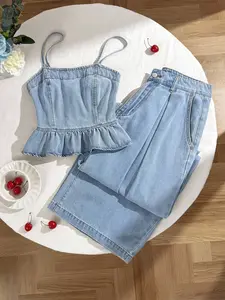 2026 New Retro Cowgirl Denim Set for Women, Summer Strapless Top and High-Waisted Wide-Leg Pants, Street Style Two-Piece