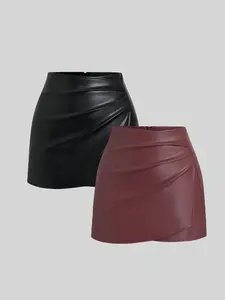 Women's Sexy Tight Mini Skirt Set, Vintage PU Leather Fabric, Casual Fitted Two-Piece, All Seasons Fashion