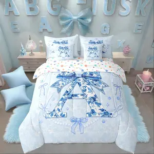 Feelyou 7-Piece Cute Blue Bow Bed Comforter Set - Preppy Coquette Multi-Size All-in-1 Bedding Set with Floral Design, Bed in A Bag for Girls, Includes Flats and Flower Bouquets, All-In-One