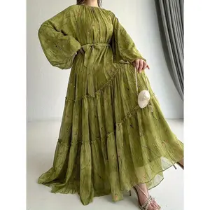 Popular Floral Print Crew Neck Kaftan, Elegant Long-Sleeve Belted Maxi Dress, Women’s Clothing
