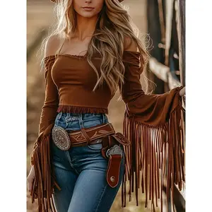 Chic Vintage Western Style Off-Shoulder Women's Top with Brown Tassels - High Stretch Polyester, Machine Washable, Perfect for All Seasons Fit Shirts Blouses Womenswear
