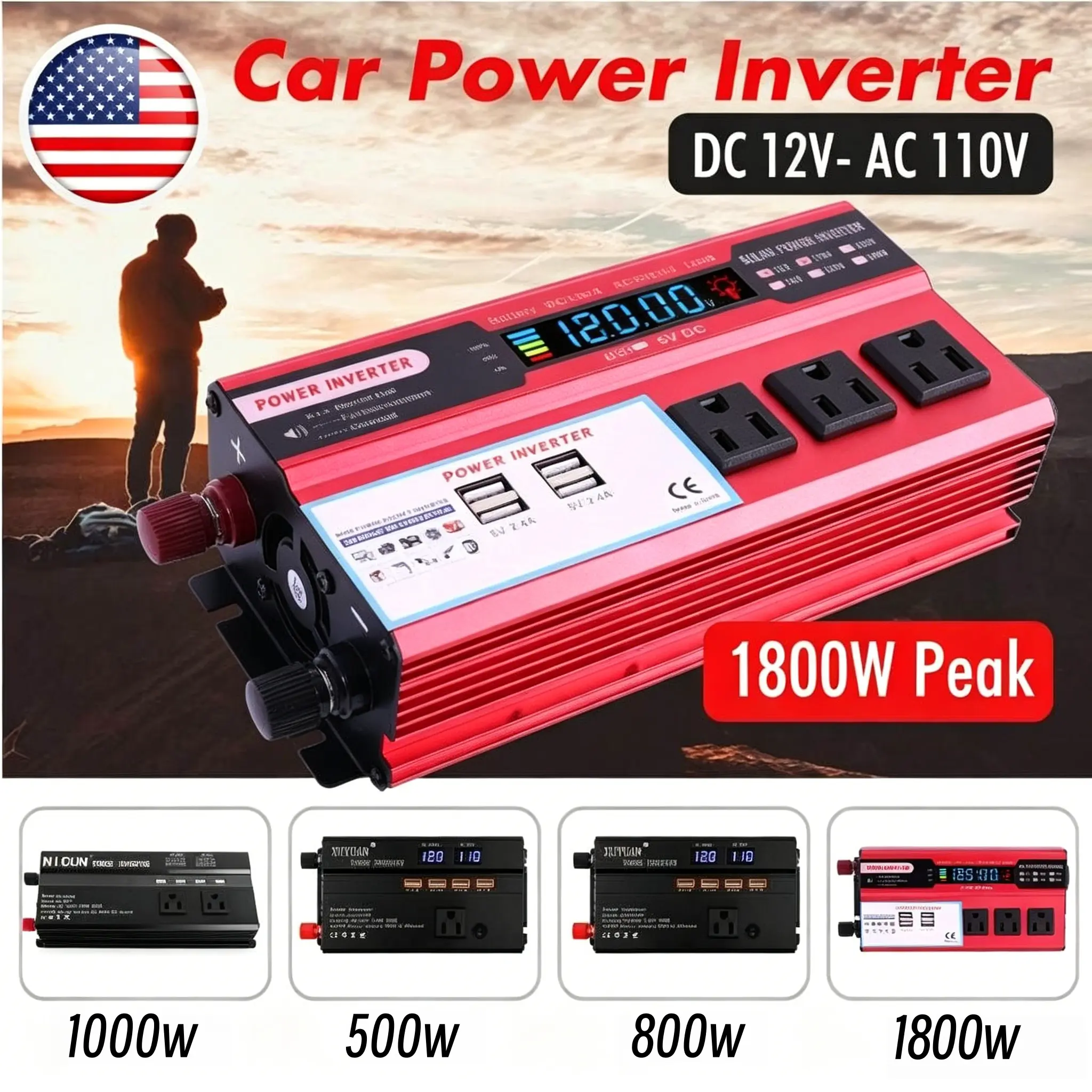 High Performance 1800W Auto Power Converter, Space-Saving Body Structure, Overvoltage & Undervoltage Automatic Cut-off, Practical Mobile Power Source for Off-Grid Camping and Daily Small Electronic Devices