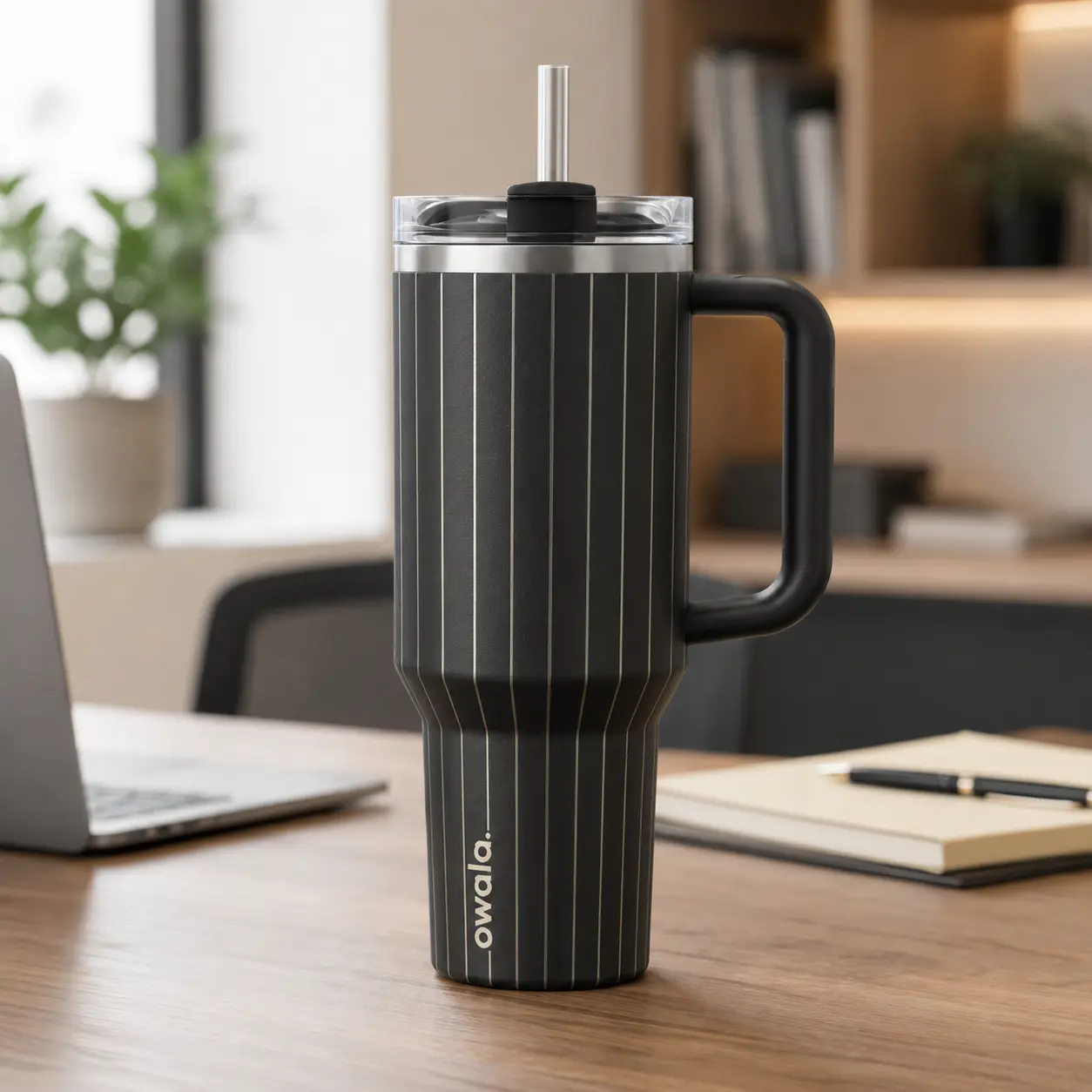 Owala 40oz Black Stripe Tumbler with Straw and Handle for Gym Use