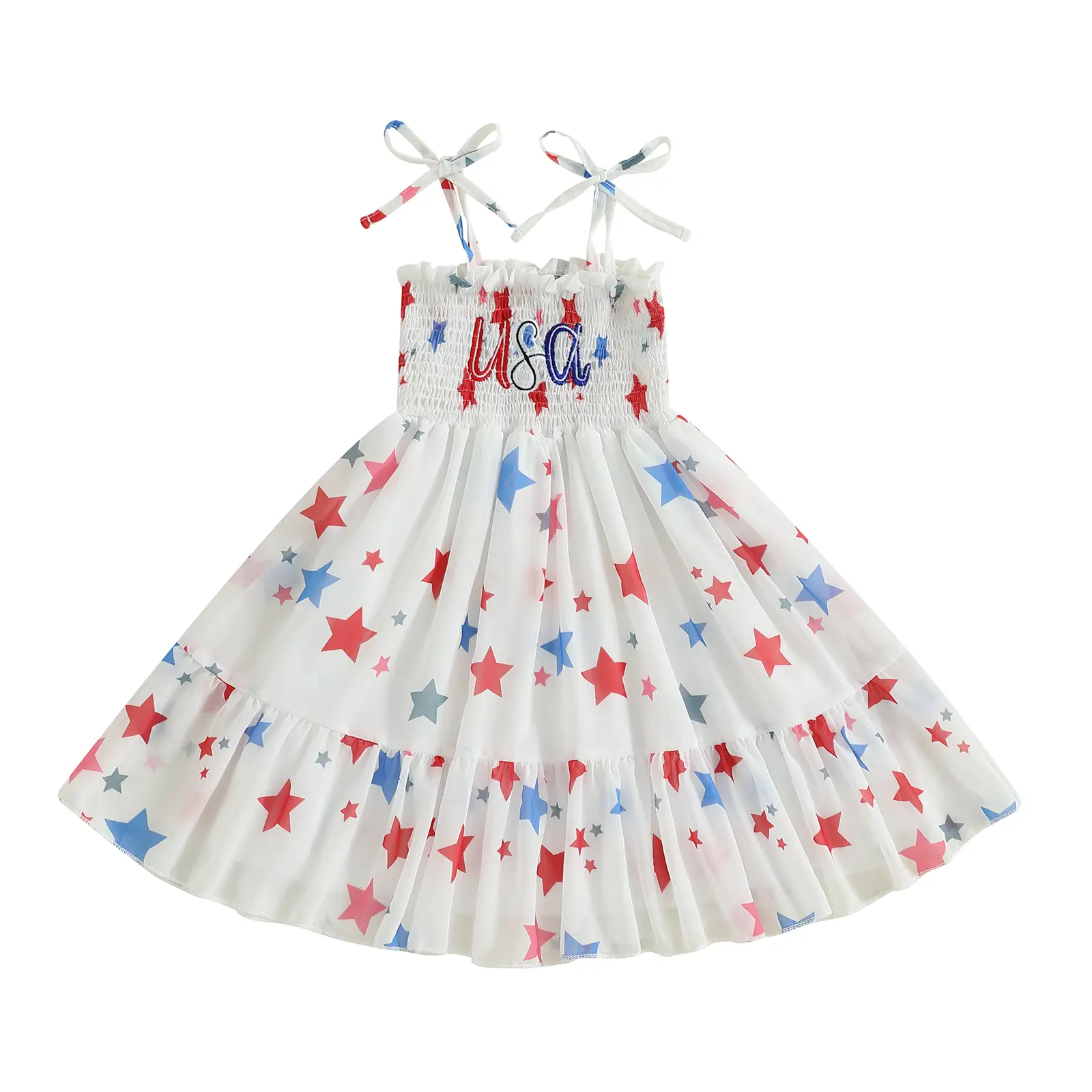 Toddler Baby Girls Patriotic Dress Casual Tie up Strap Star Print Letter Embroidery Sleeveless Dress 4th of July 1-7Y