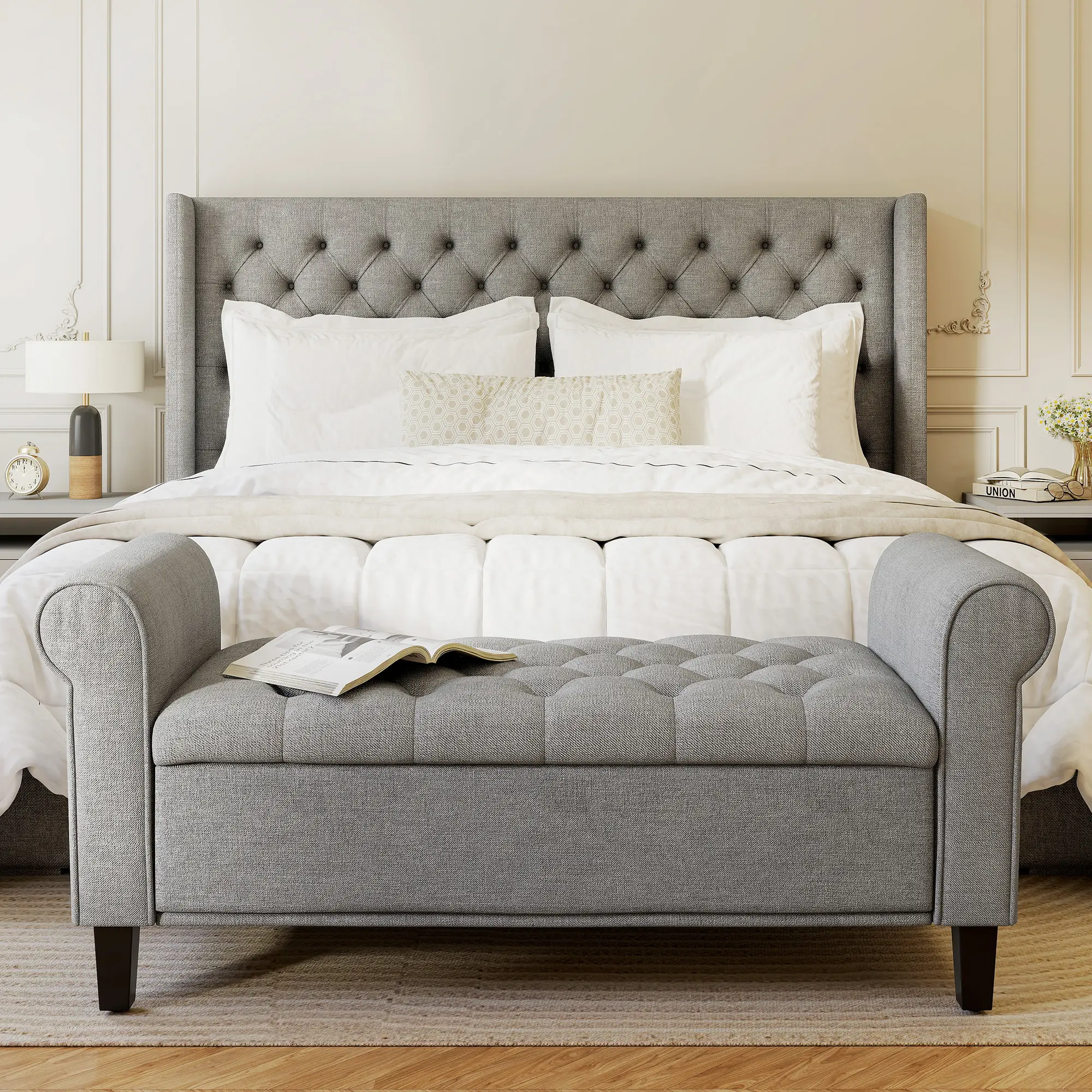 Traditional Style Upholstered Ottoman Bench - 49.5in W Hidden Storage Flip-Top, Button Tufted, Rolled Arms, Padded Cushion, Sturdy Wood Frame, Solid Wood Legs, Double Bed Fit, Bedroom Window Nook Decor, Simple Setup