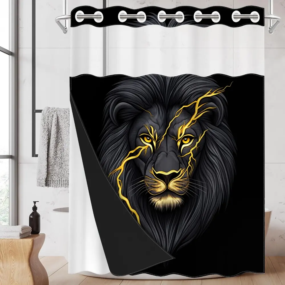 1pc hookless shower curtain with buckle lining, Bathroom Curtain, Shower Curtain Liner, Bathroom Decor, black background with yellow lightning and black lion design, 2D printing, fabric waterproof lining, see-through double-layer, 71 x 74 inches
