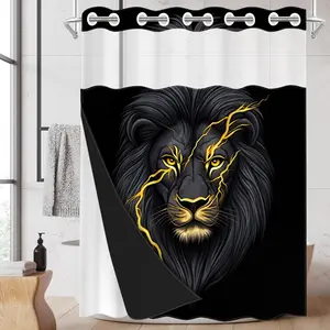 1pc hookless shower curtain with buckle lining, Shower Curtain Liner, black background with yellow lightning and black lion design, 2D printing, fabric waterproof lining, see-through double-layer, 71 x 74 inches, modern home draping curtain