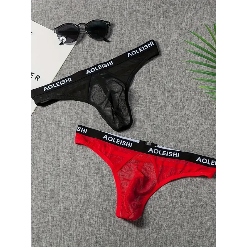 [Same-Frequency's new store is open!We offer the lowest prices, and you might get a lucky surprise!]Men's AOLEISHI Branded Mesh Thongs - Black & Red Fabric Menswear
