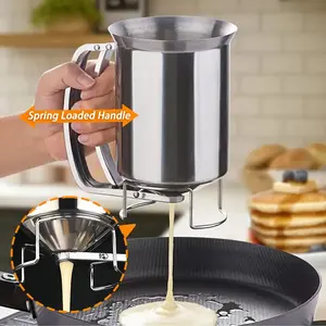 Stainless Steel 900ML/31oz Pancake Batter Dispenser, Handheld Spring-Loaded Non-Electric Kitchen Tool, Uniform Batter Distribution, Even Pour Spout, Easy Pour, Mess-Free Design, Wide Mouth Design, Utensils