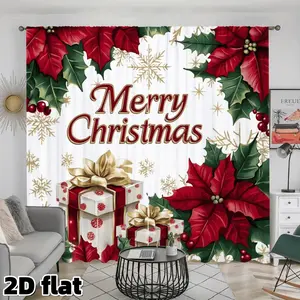 2D Flat 2Pcs Festive Christmas Curtains Poinsettia Gift Box Pattern Rod Pocket Design Semi Sunshade Polyester Holiday Home Decor for Living Room Bedroom Kitchen Balcony Window Treatment Anti Privacy Home Decoration Curtain