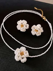 Glass bead flower-shaped earrings and necklace; French vintage camellia earrings and necklace, sweet, stylish, and elegant; versatile for everyday wear, perfect for engagement parties, weddings, and various holidays