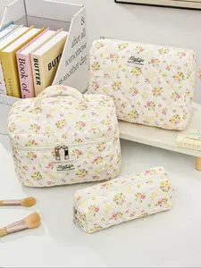 Floral Pattern Makeup Bag Set, Makeup Pouch, Portable Cosmetic Storage Bag with Zipper & Handle, Versatile Storage Bag for Travel, Dormitory, Girls