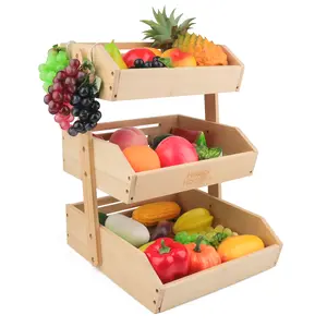 Happi Hoomin Bamboo Fruit Basket 3-Tier Adjustable Storage Rack Eco-Friendly Organizer for Kitchen Space-Saving Fruit & Vegetable Holder