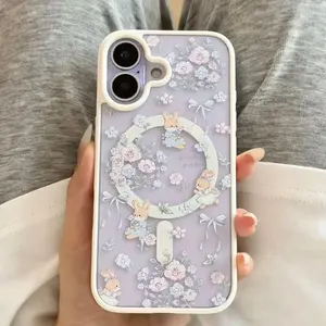 Aesthetic Cute Bunny & Floral Magnetic Phone Case for iPhone Samsung 17/16/15/14/13/12/11 Pro Max/Pro/Plus/Air, Galaxy S26/S25/S24/S23 FE/Plus/Ultra, Clear Back Panel, Different Frame Colors, TPU Soft Material, Shockproof, Birthday Gift For Her