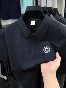 Breathable Knit Summer Short Sleeve Dragon Print Men's Casual Polo Shirt Button-Down Collar Fitted Design for Daily Wear