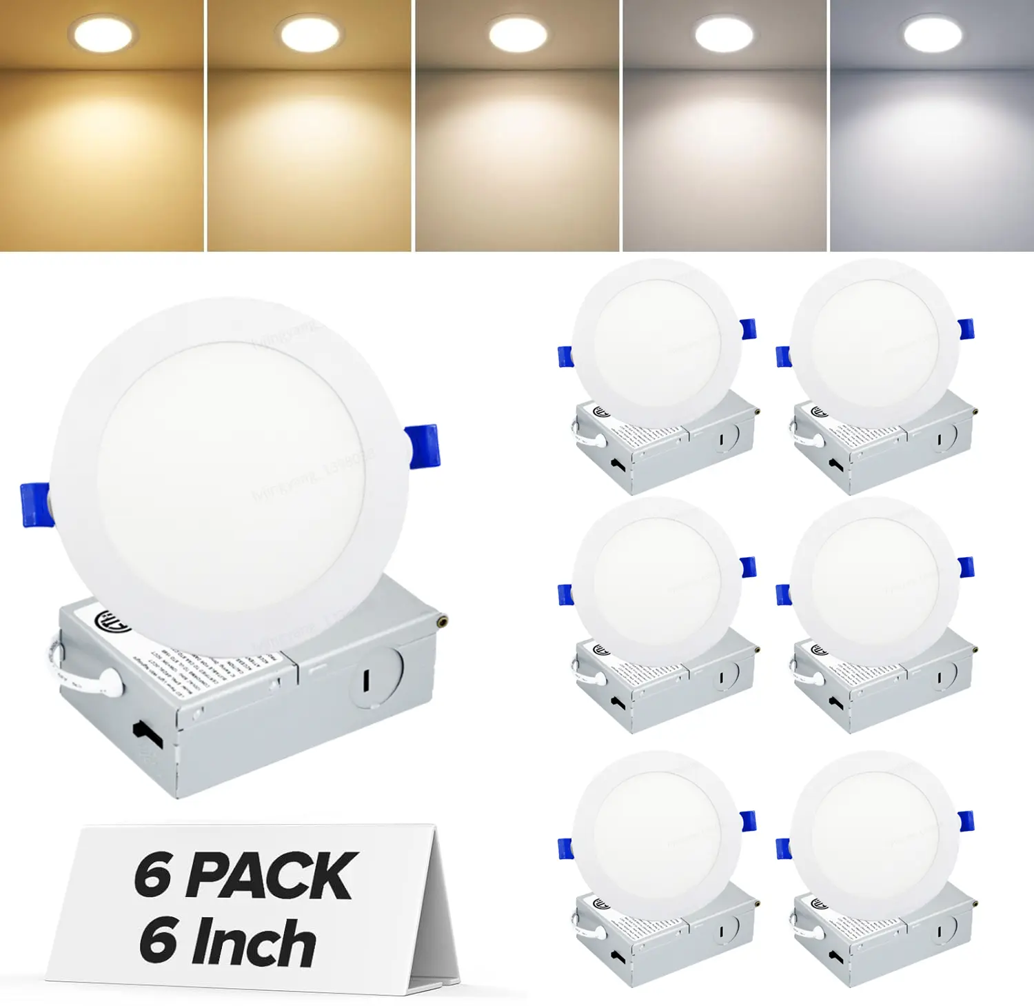 6-Inch 5CCT LED Ultra-Thin Recessed Light Dimmable ceiling lights with Junction Box Multicolor 2700k,3000K, 3500k,4000K, 5000K,12W 1050Lumen 110-130V,ETL,wafer lights LED lights bedroom canned lights luces led para casa