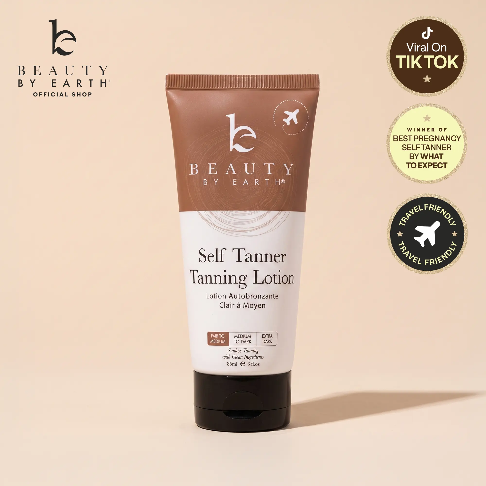 Beauty by Earth Travel-Size 85ml Self Tanner Body Lotion -  Hydrating Safe Sunless Tanning TSA Travel Friendly Made in USA Flawless Glowing Natural Gradual Tan