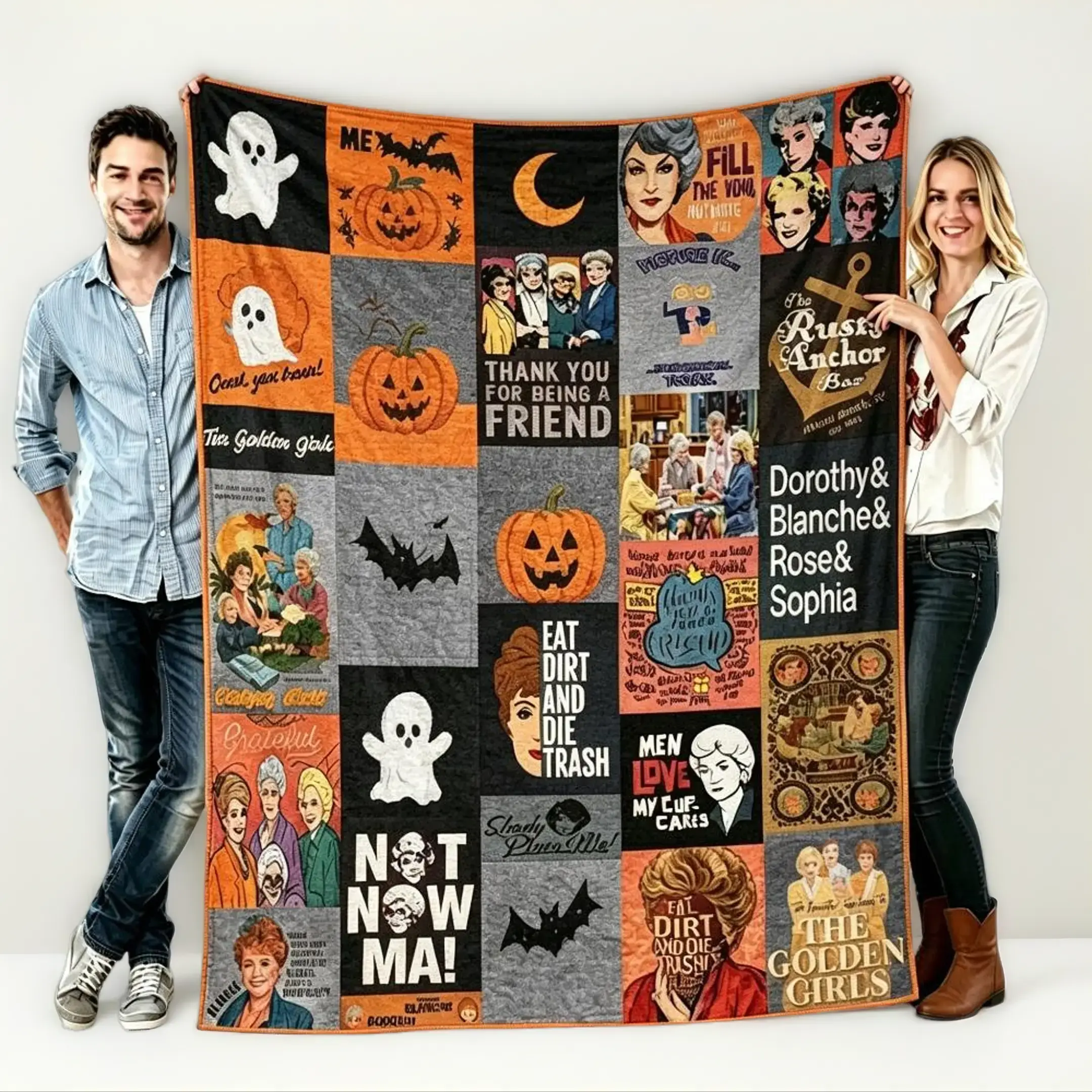 Cozy Halloween Flannel Blanket, Spooky Pumpkin Ghost Bat Moon Patchwork Print Blanket, Soft Cooling Sofa Cover Throw, Lightweight Warm Blanket for Home Holiday Decoration