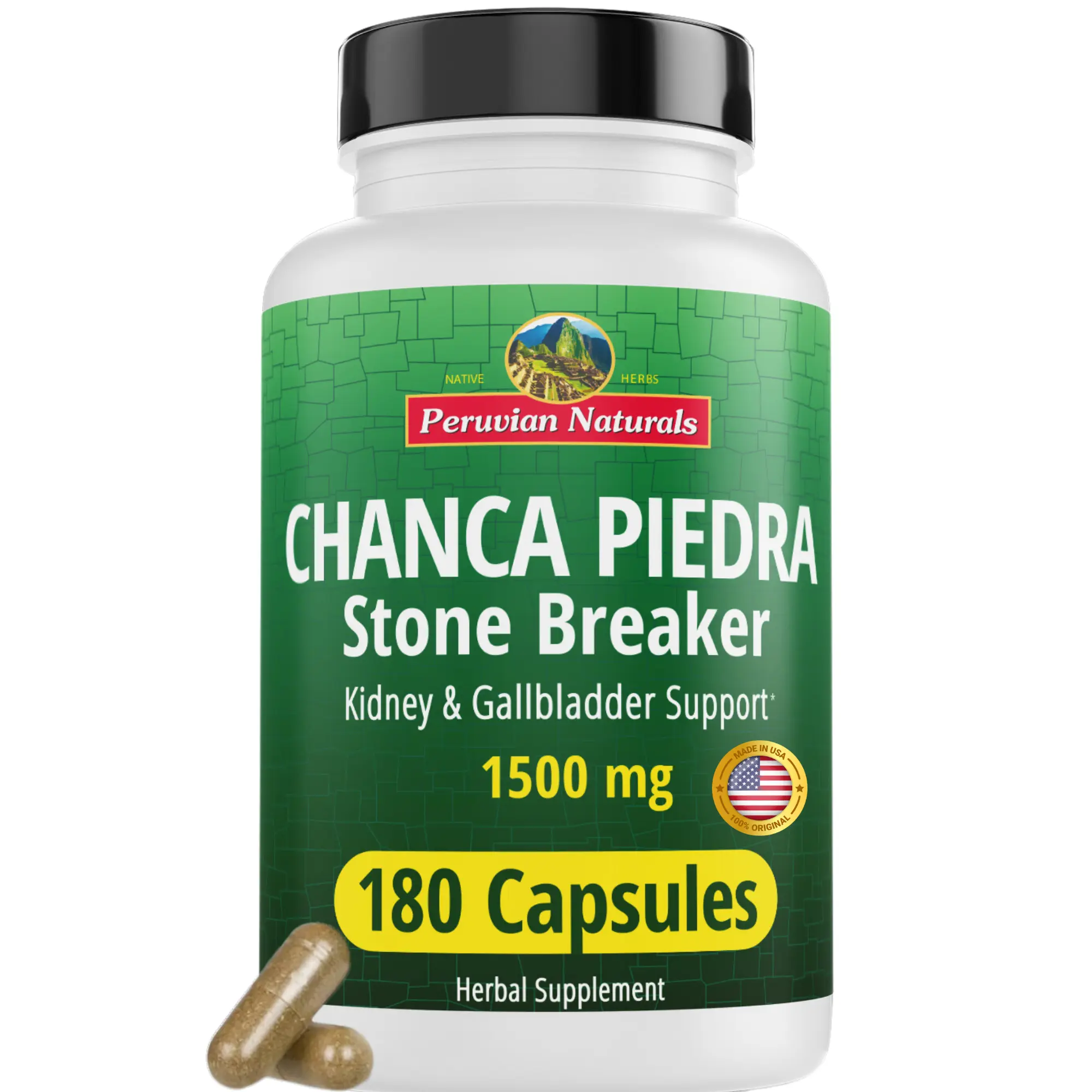 PERUVIAN NATURALS Chanca Piedra Stone Breaker Herbs Capsules, 180-Count 2-Month Supply, Kidney Support, Liver Detox, Non-GMO, Vegan Certified Adult Healthcare Supplements