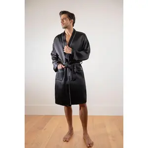 Men’s Pure Silk Short Robe with Trim In Black