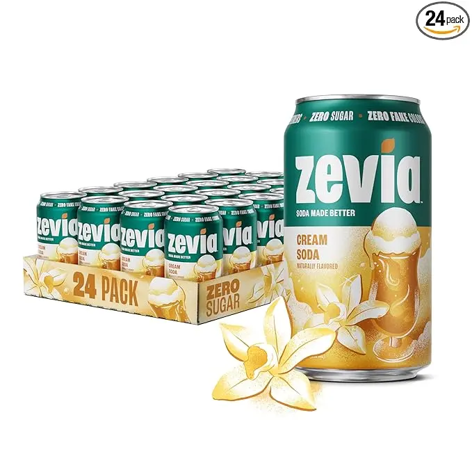 Zevia Cream Soda (0 Sugar), 24-Pack 12 oz Cans, Naturally Sweetened with Stevia, Gluten-Free, Vegan, Non-GMO, Caffeine-Free