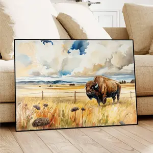 Majestic American Bison Canvas Print Western Wildlife Wall Art with Golden Grassland Distant Mountains Rustic Lodge Decor for Chill Room Accessories Front Porch Living Room Accent Cabin Home Office Wilderness Housewarming Gifts