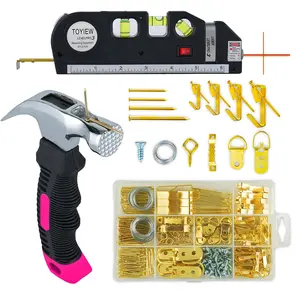 【mothersdaygift】Picture Hanging Kit Tool, 352pcs Hanging Hardware with Heavy Duty Frame Hooks, Wire, Nails, D Rings, Photo Sawtooth Hangers, Wall Art Hanging Kit with Laser Level, Pink Claw Hammer.Thanksgiving hostess gifts.Christmas giftsets