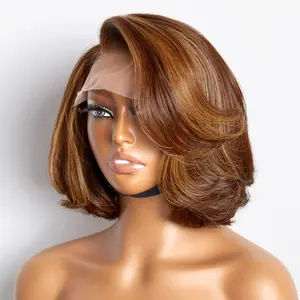 Exclusive Discount | Limited Design | Toffee Brown Mix Blonde / Natural Black Layered Cut Glueless 5x5 Closure Lace Bob Wig