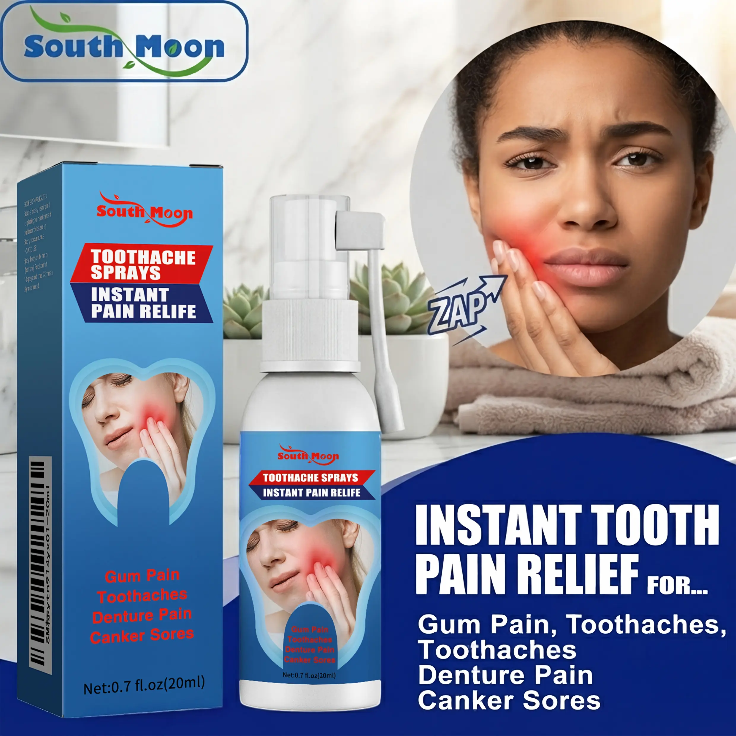 South Moon Instant Toothache Relief Spray 0.7 FL OZ (20ml), Portable Oral Care Spray for Toothaches, Swollen Inflamed Gums, Tooth Decay & Canker Sores, Gentle Soothing Formula Ease Dental Sensitivity & Denture Discomfort for Daily Gum Comfort