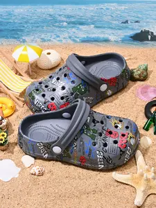 Summer Boys' Comfortable Fashion Casual Lightweight Trendy R Letter Print Outdoor Beach Hole Shoes, Slide On Sandals, Ideal for Home, Beach, Outdoor Play