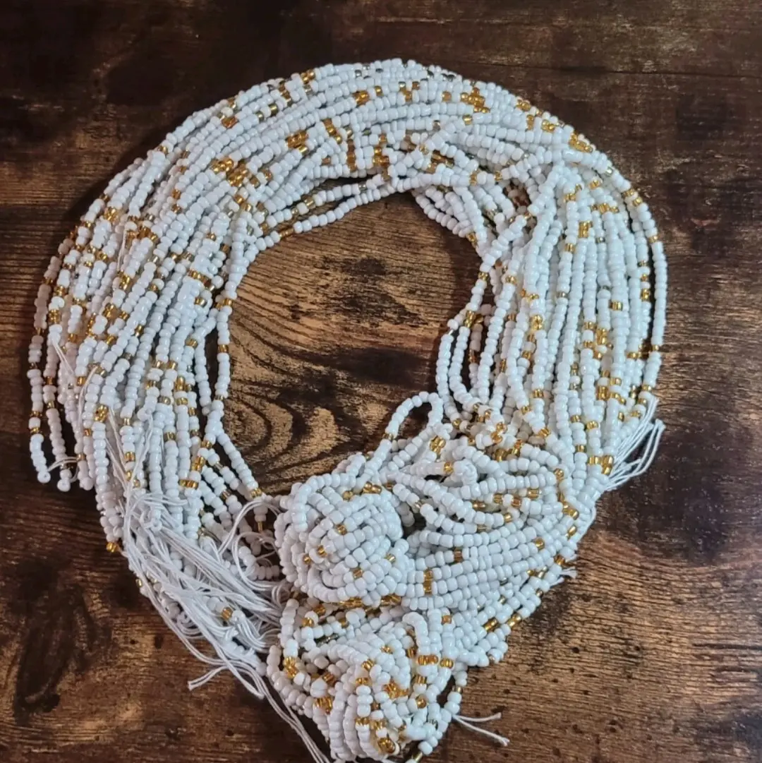 Tie On Body Jewelry - White & Gold Waistbeads for Women, 48'' Length