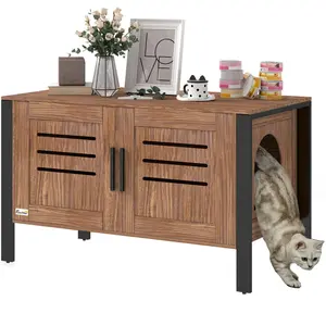 PawHut Cat Litter Box Enclosure with Tall Legs, Hidden Litter Box Furniture Cabinet, Modern Cat House Washroom Side Table with Scratching Board, Dark Brown, 31.5"L x 17.7"W x 19.7"H