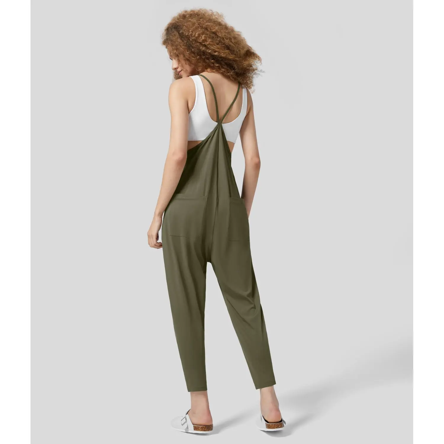 Halara Women's Backless Multiple-Pocket Ankle-Length Work Tapered Jumpsuit