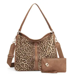 Hobo Bag Leopard & Solid Brown vegan leather Handheld Crossbody with Coin Purse for Commuters
