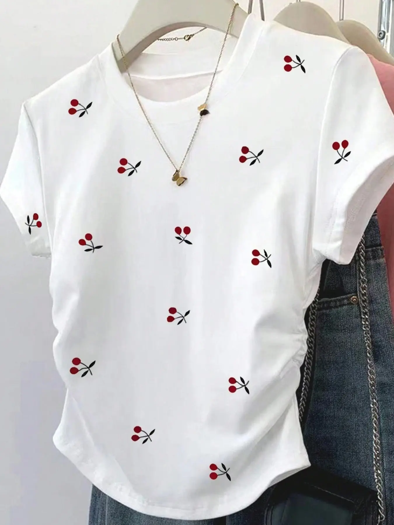 Women's Cherry Digital Print Slim Fit Short Sleeve T-Shirt, Soft