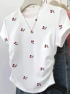 Women's Cherry Digital Print Slim Fit Short Sleeve T-Shirt, Soft Lightweight, Sweet Fresh Style, Casual Daily Wear, Elegant Embroidery, Womenswear, Top