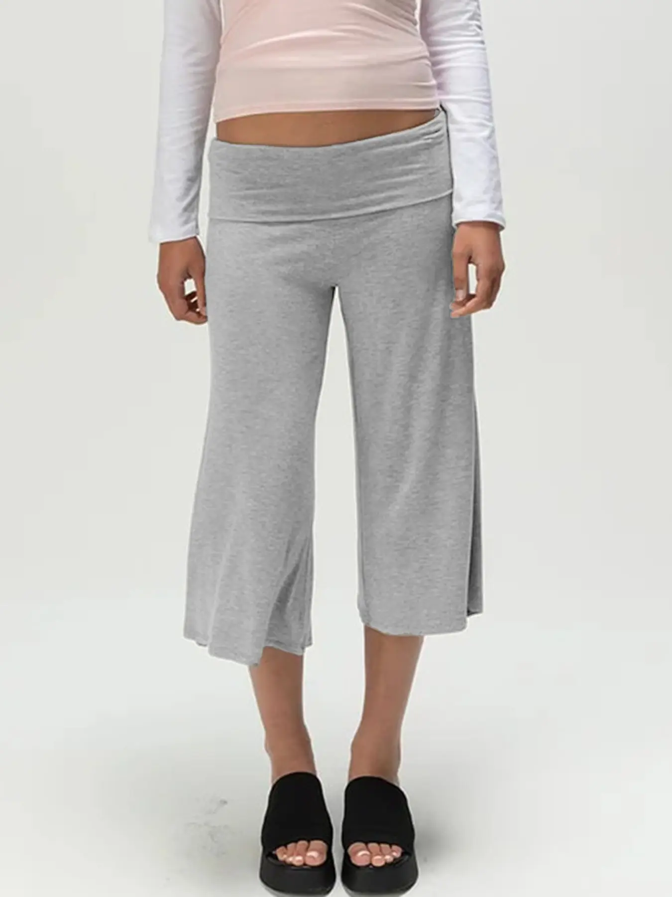 Solid Color Flowy Wide-Leg Capri Pants, Low-Waist Casual Trousers, Loose-Fitting, All Seasons, Unlined
