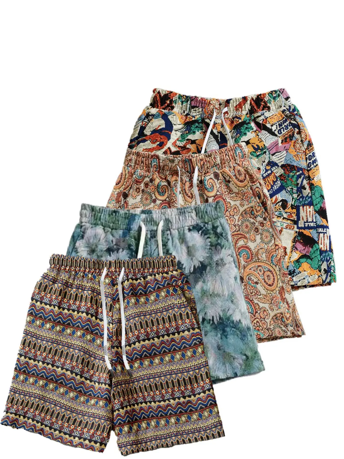 4-Pack Men's Art Floral Pattern Casual Drawstring Shorts, Oil Painting Style, Breathable Summer Beachwear, Loose Fit for Holiday Activities